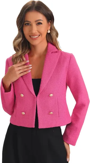 Allegra K Tweed Cardigan for Women's Notch Lapel Buttons Office Long Sleeve Casual Blazer Jackets