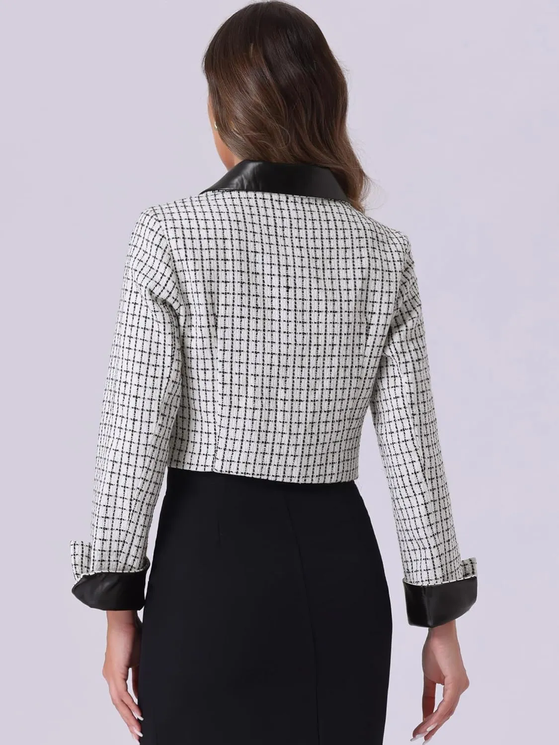 Allegra K Tweed Plaid Blazer for Women's Contrast Collar Double Breasted Vintage Cropped Jackets