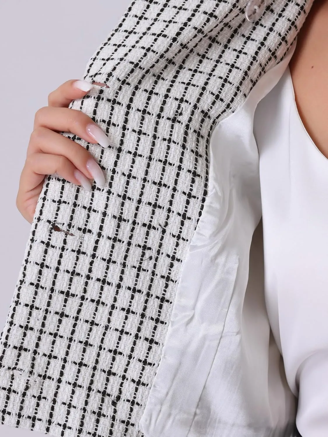 Allegra K Tweed Plaid Blazer for Women's Contrast Collar Double Breasted Vintage Cropped Jackets