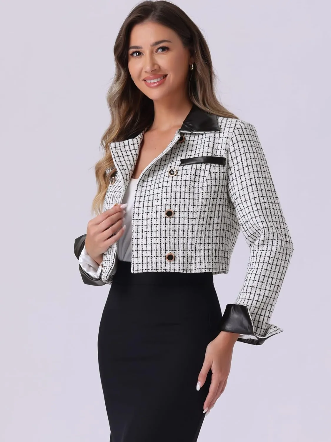Allegra K Tweed Plaid Blazer for Women's Contrast Collar Double Breasted Vintage Cropped Jackets