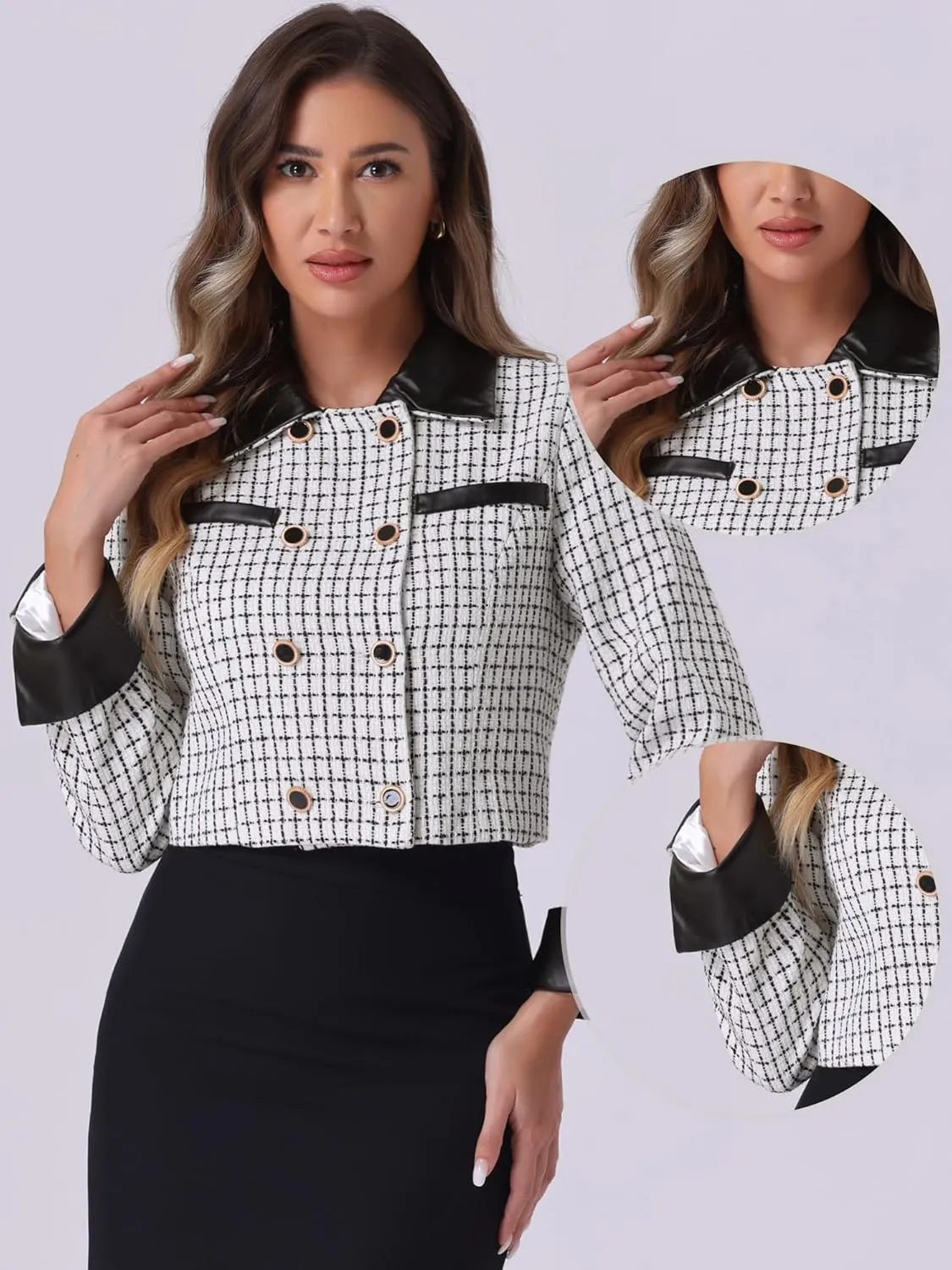 Allegra K Tweed Plaid Blazer for Women's Contrast Collar Double Breasted Vintage Cropped Jackets