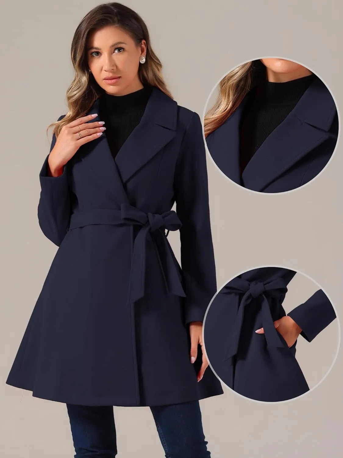 Allegra K Winter Peacoat for Women's Shawl Lapel Overcoat 2024 Single Breasted Belted Long Trench Coats