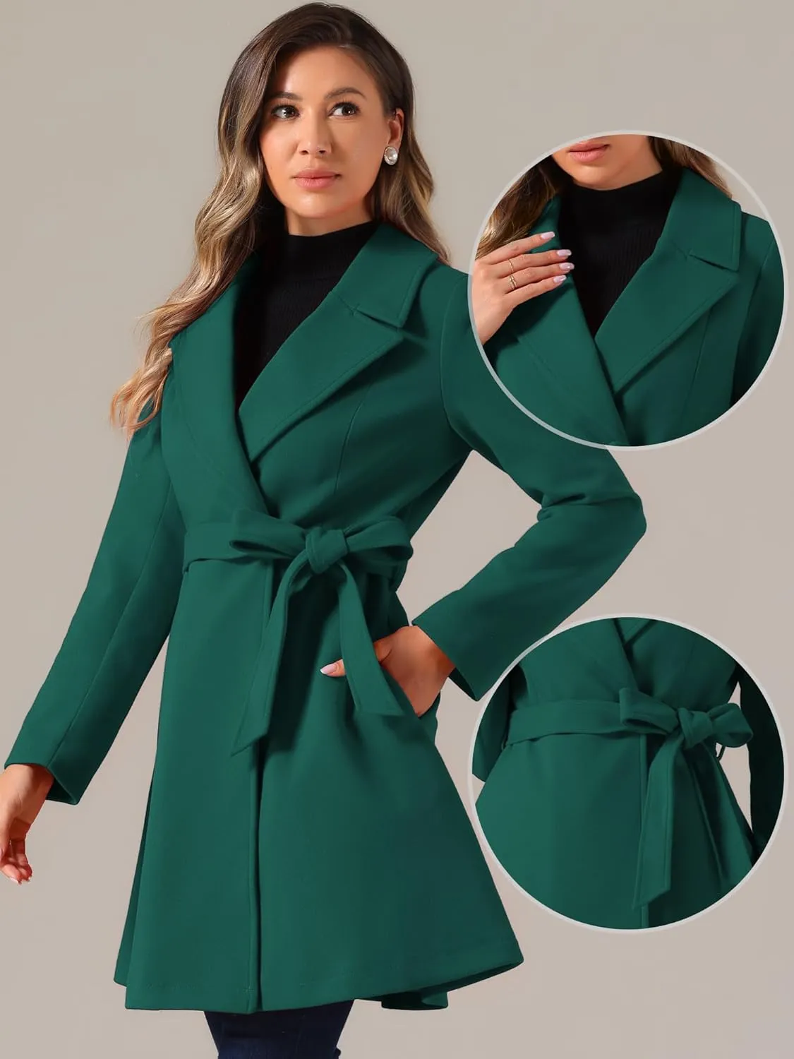 Allegra K Winter Peacoat for Women's Shawl Lapel Overcoat 2024 Single Breasted Belted Long Trench Coats