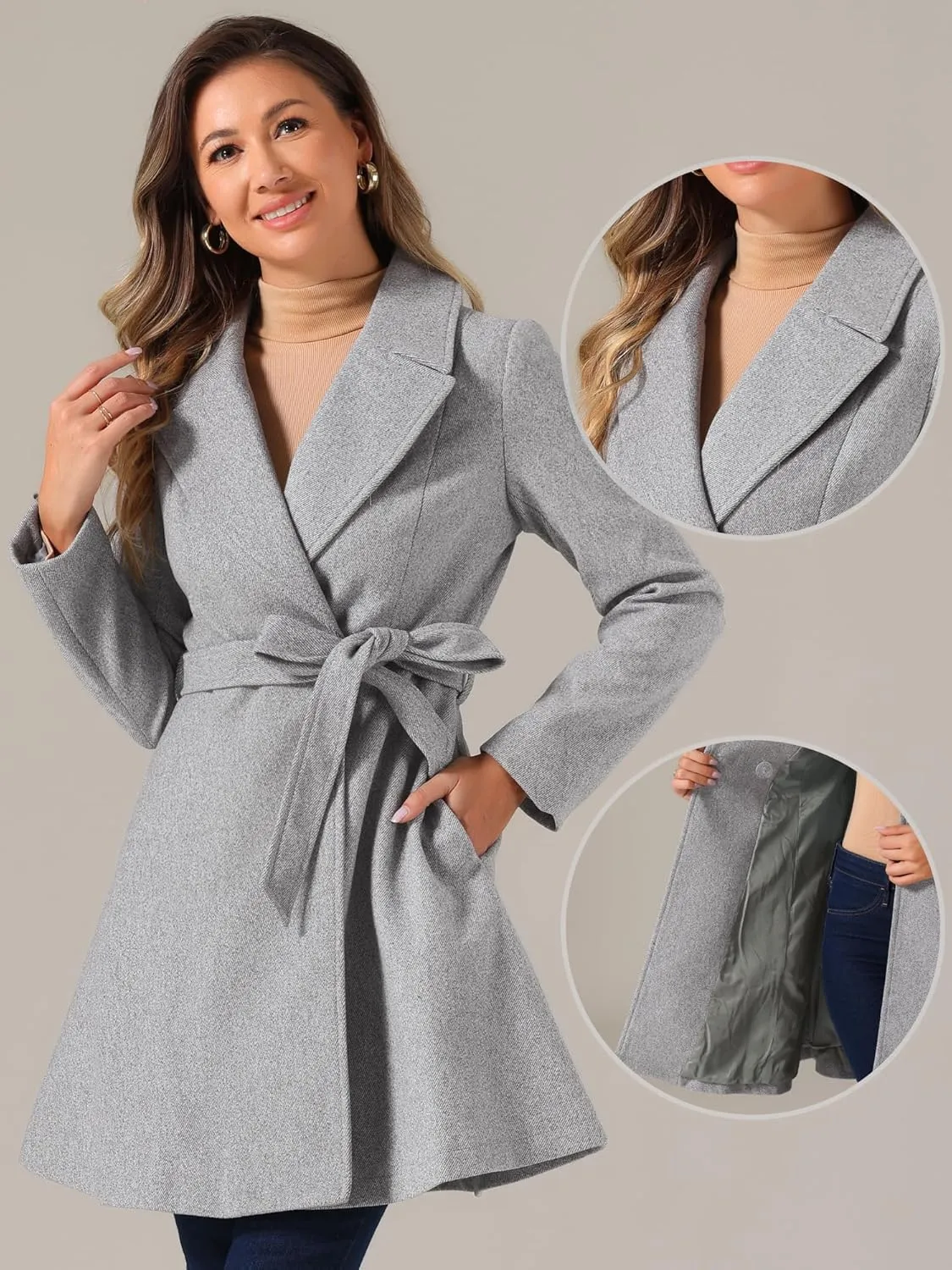 Allegra K Winter Peacoat for Women's Shawl Lapel Overcoat 2024 Single Breasted Belted Long Trench Coats