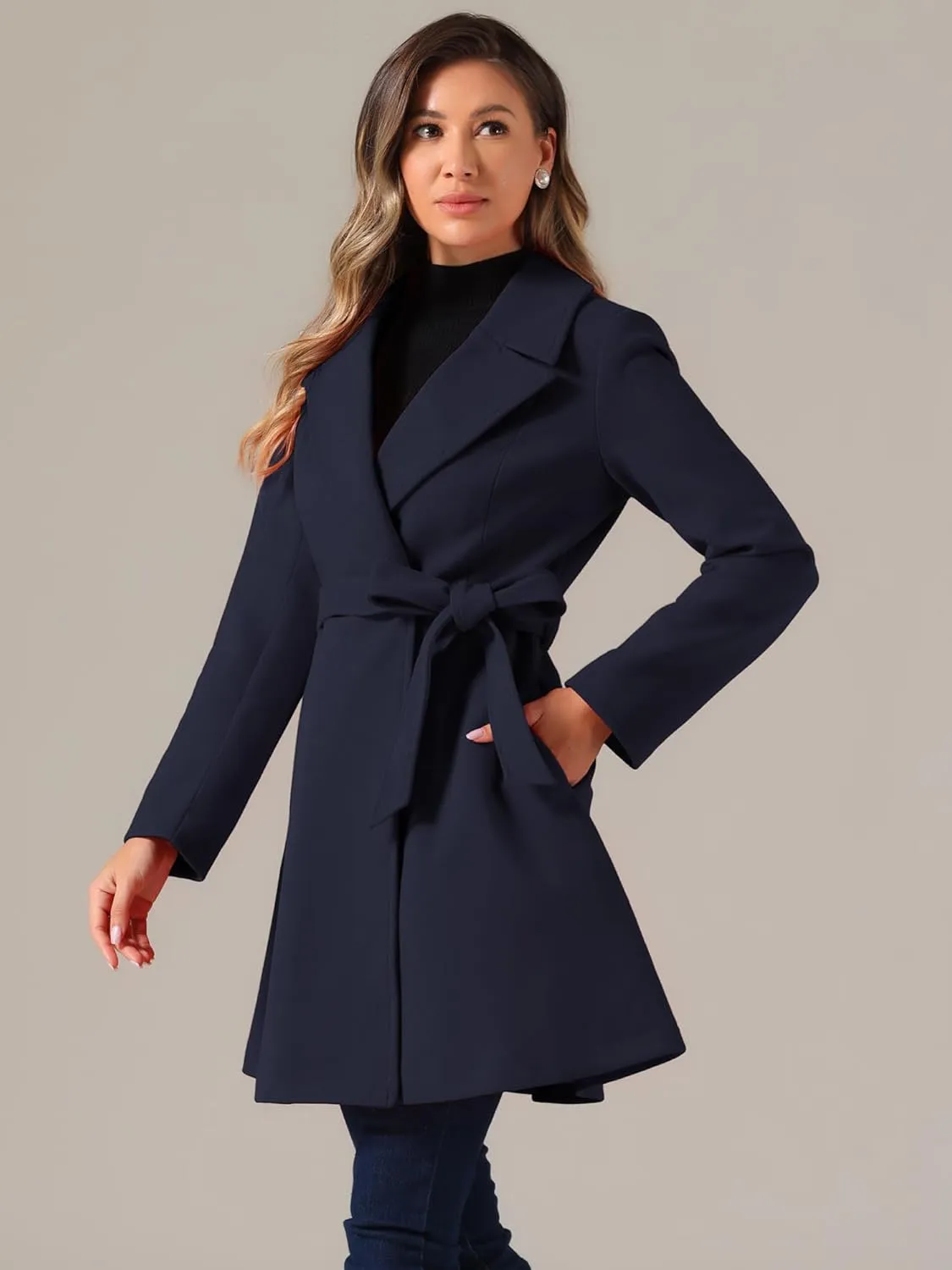 Allegra K Winter Peacoat for Women's Shawl Lapel Overcoat 2024 Single Breasted Belted Long Trench Coats