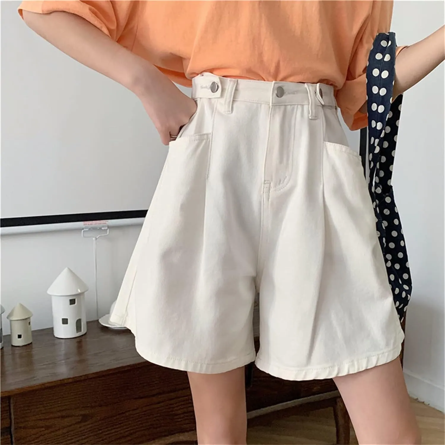 Andongnywell Women's High Waist Denim Shorts Hem Wide Leg Casual Jean Wide-Leg Short Trousers with Pockets