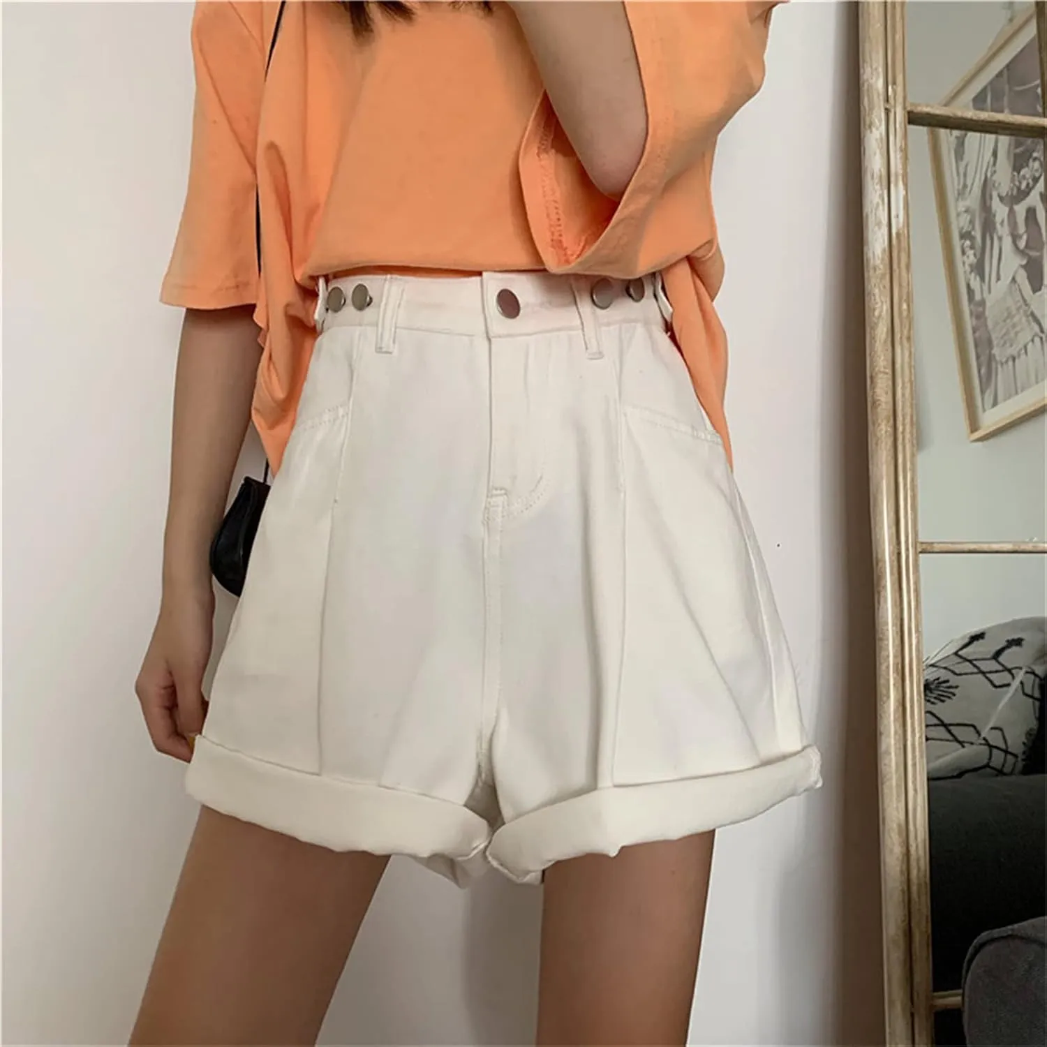 Andongnywell Women's High Waist Denim Shorts Hem Wide Leg Casual Jean Wide-Leg Short Trousers with Pockets