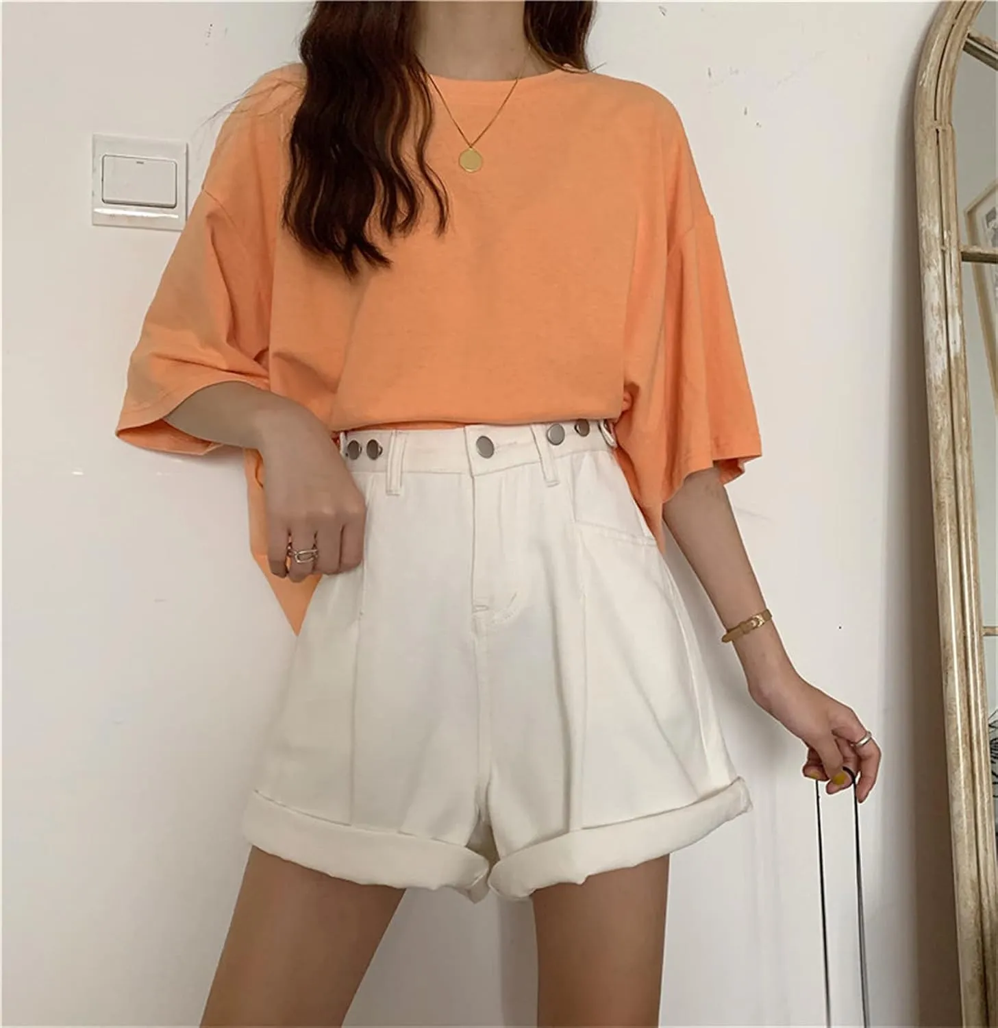 Andongnywell Women's High Waist Denim Shorts Hem Wide Leg Casual Jean Wide-Leg Short Trousers with Pockets