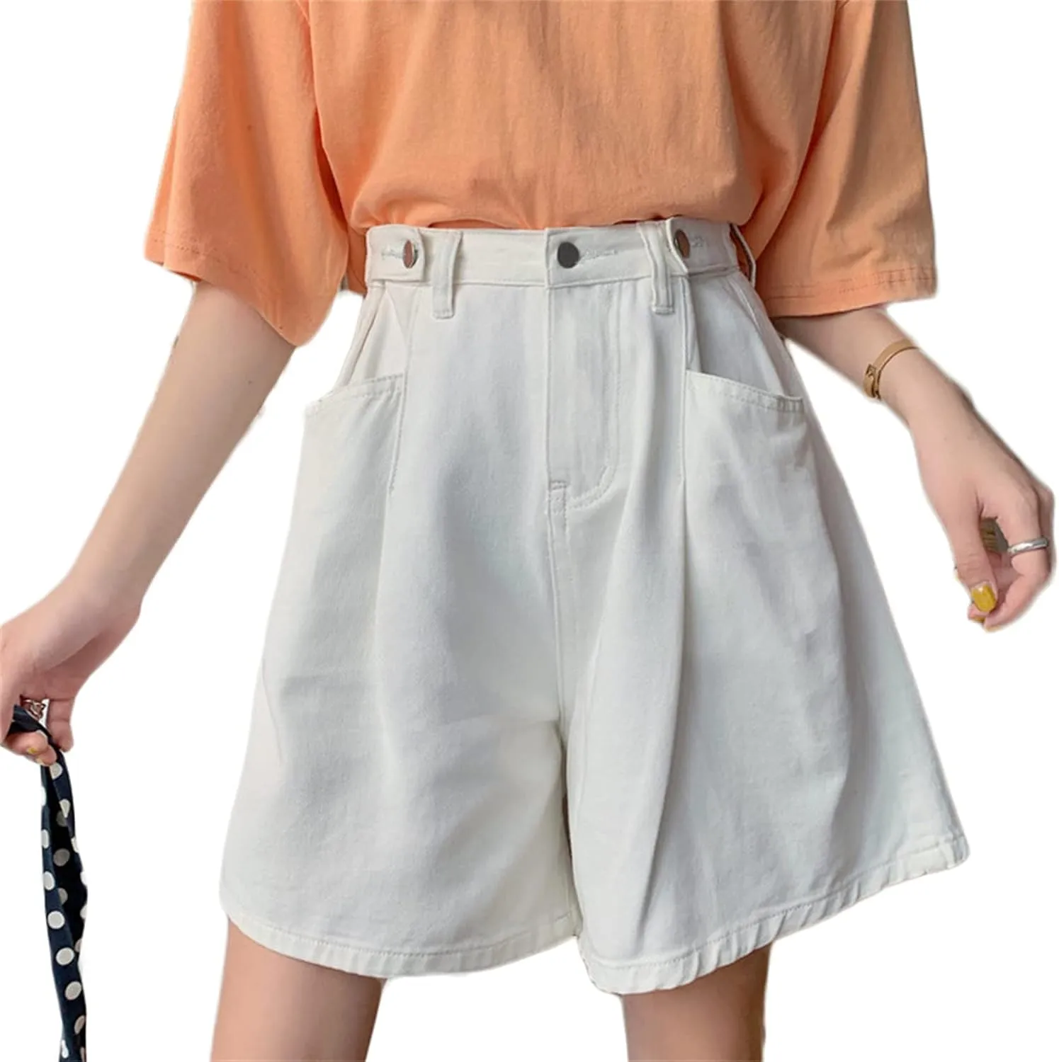 Andongnywell Women's High Waist Denim Shorts Hem Wide Leg Casual Jean Wide-Leg Short Trousers with Pockets