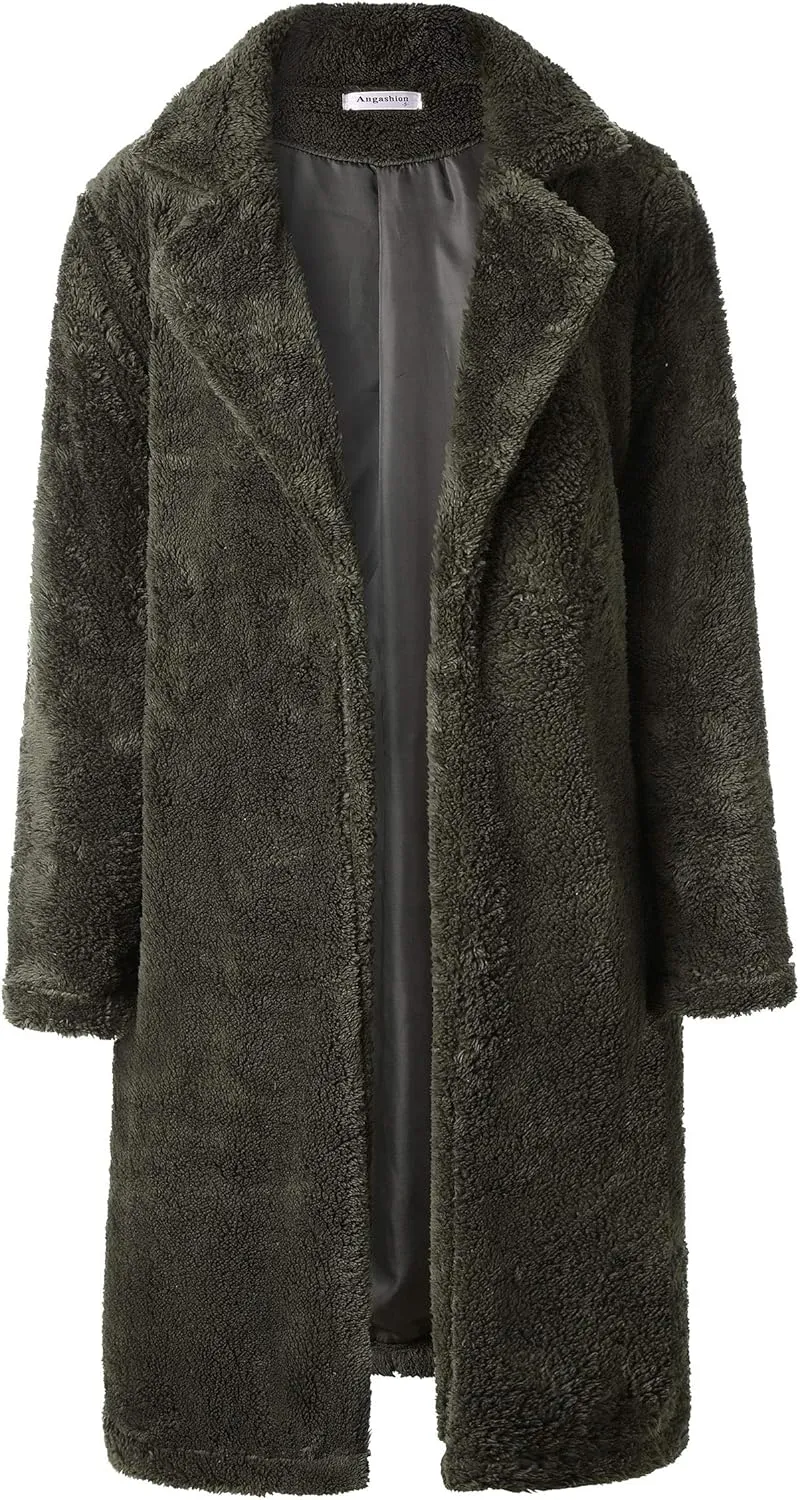 Angashion Women's Fuzzy Fleece Lapel Open Front Long Cardigan Coat Faux Fur Warm Winter Outwear Jackets