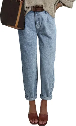 Astylish Womens High Waisted Baggy Jeans Boyfriend Cropped Loose Denim Pants