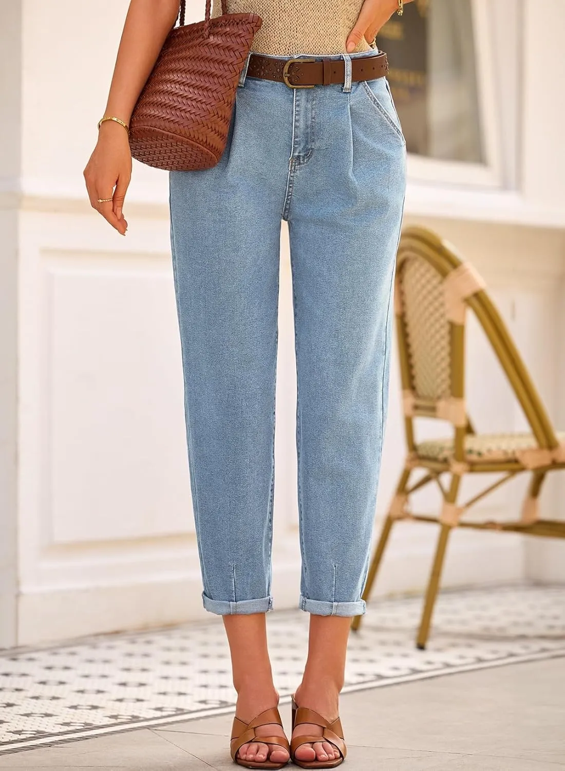 Astylish Womens High Waisted Baggy Jeans Boyfriend Cropped Loose Denim Pants
