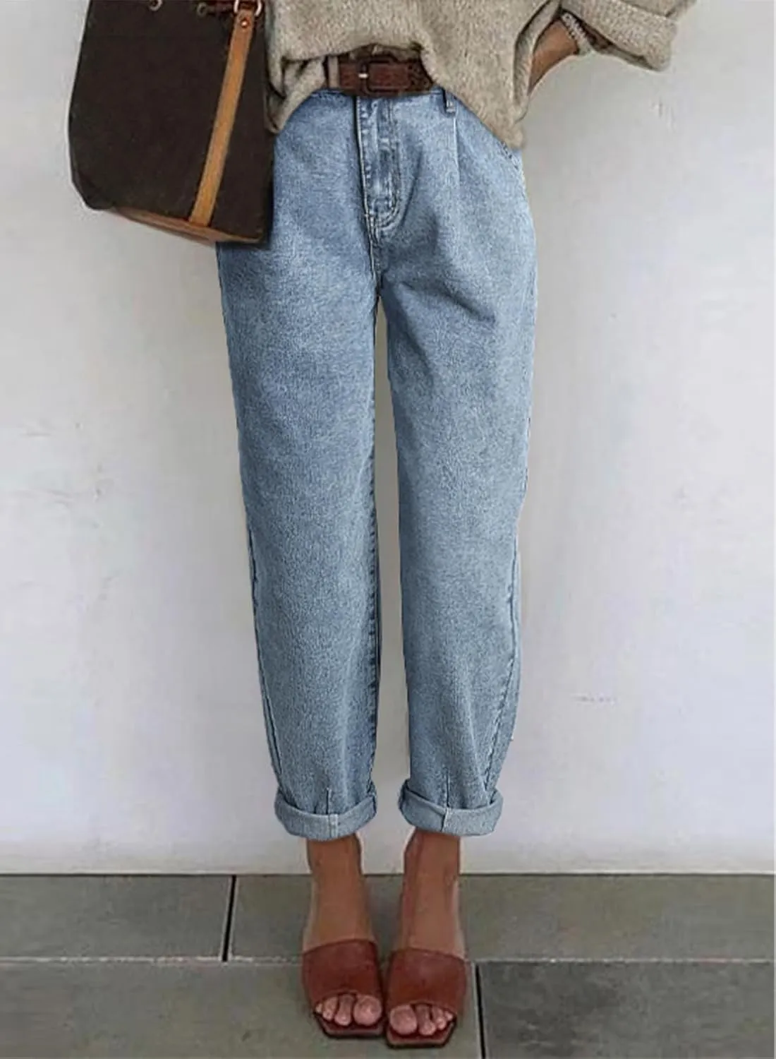 Astylish Womens High Waisted Baggy Jeans Boyfriend Cropped Loose Denim Pants