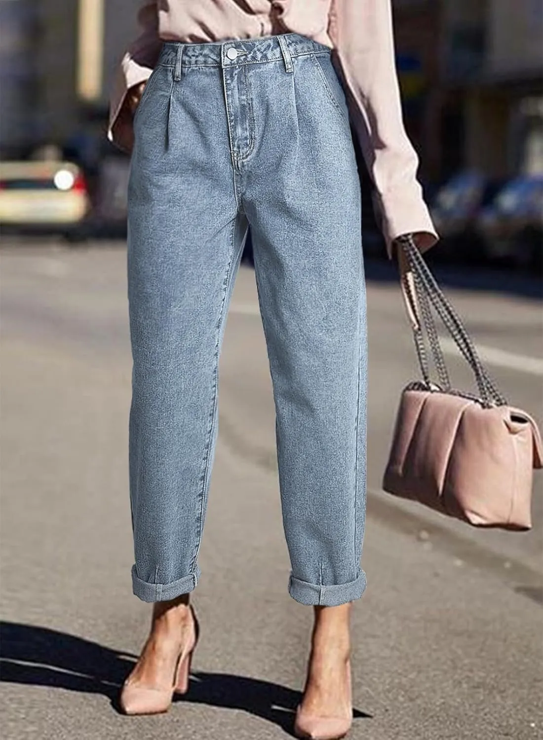 Astylish Womens High Waisted Baggy Jeans Boyfriend Cropped Loose Denim Pants