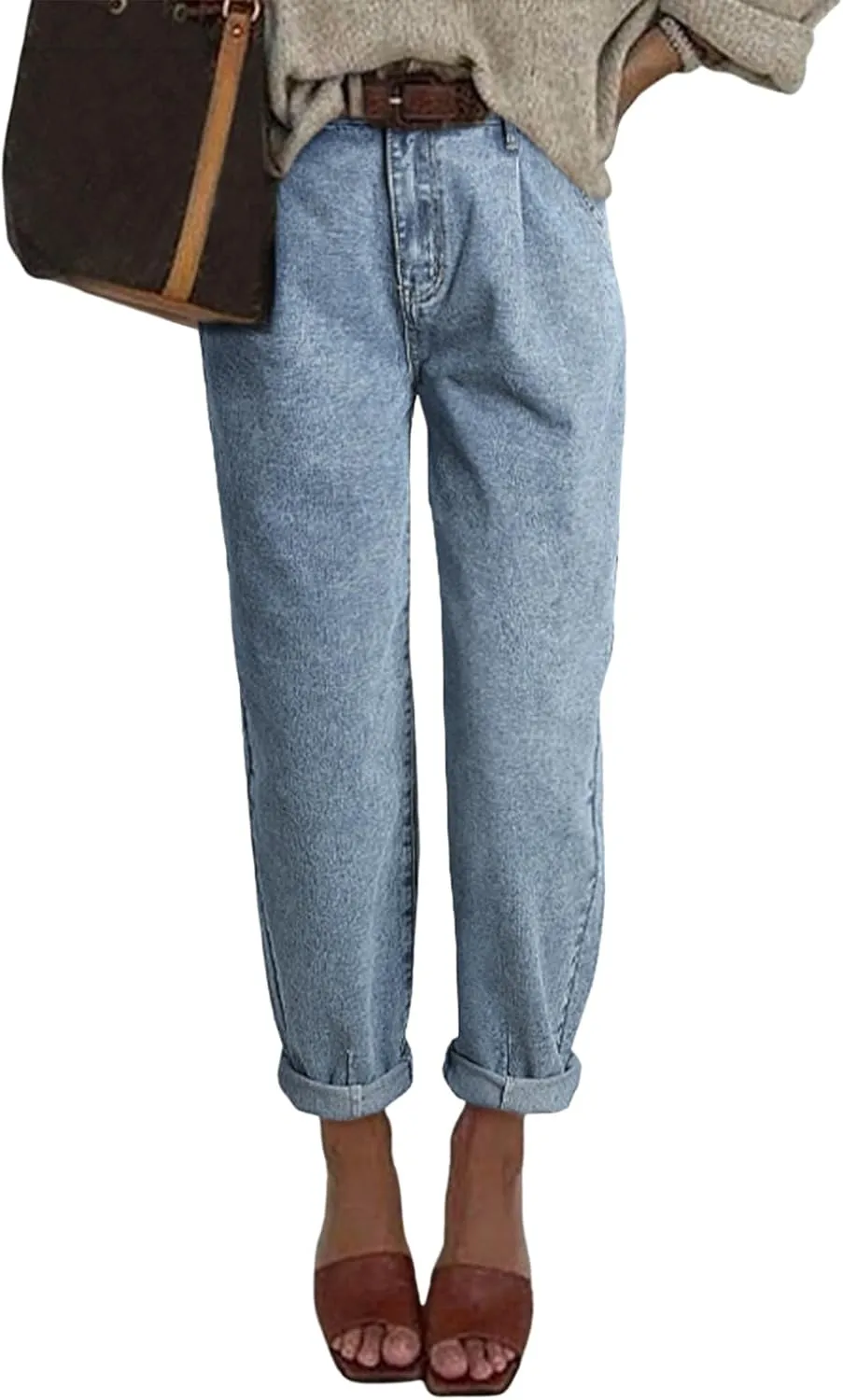 Astylish Womens High Waisted Baggy Jeans Boyfriend Cropped Loose Denim Pants
