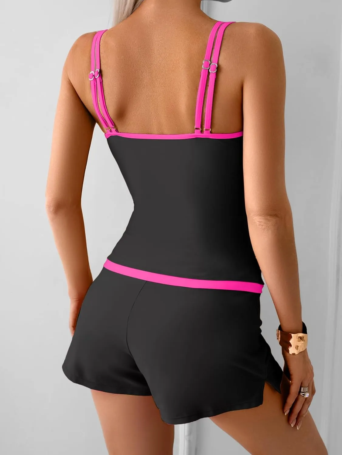 B2prity Womens Tankini Swimsuits Sporty Tummy Control Two Piece Bathing Suit Color Block Ruched Swimwear