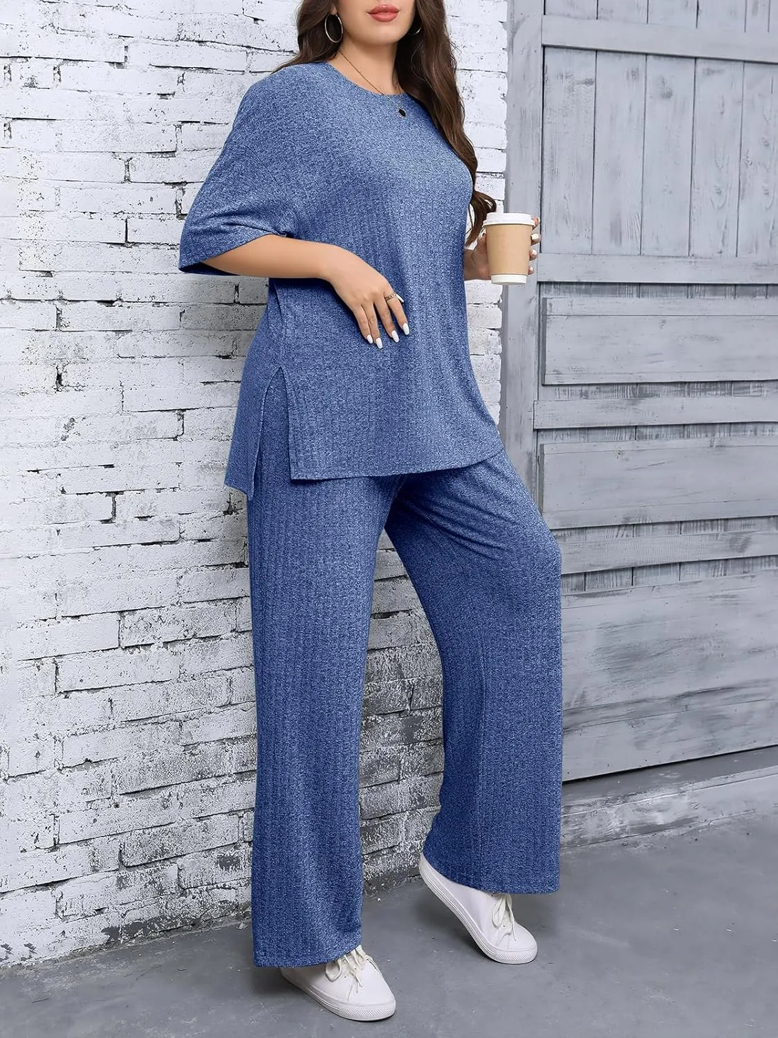 Beautife Womens Plus Size Lounge Sets Short Sleeve Tops and Wide Leg Pants Airport Travel 2 Piece Outfits Tracksuit