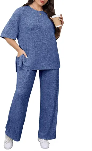 Beautife Womens Plus Size Lounge Sets Short Sleeve Tops and Wide Leg Pants Airport Travel 2 Piece Outfits Tracksuit