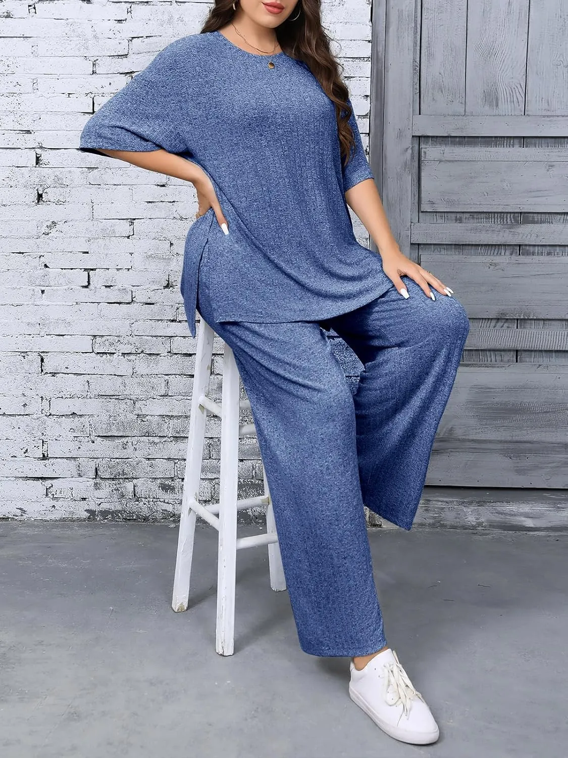 Beautife Womens Plus Size Lounge Sets Short Sleeve Tops and Wide Leg Pants Airport Travel 2 Piece Outfits Tracksuit