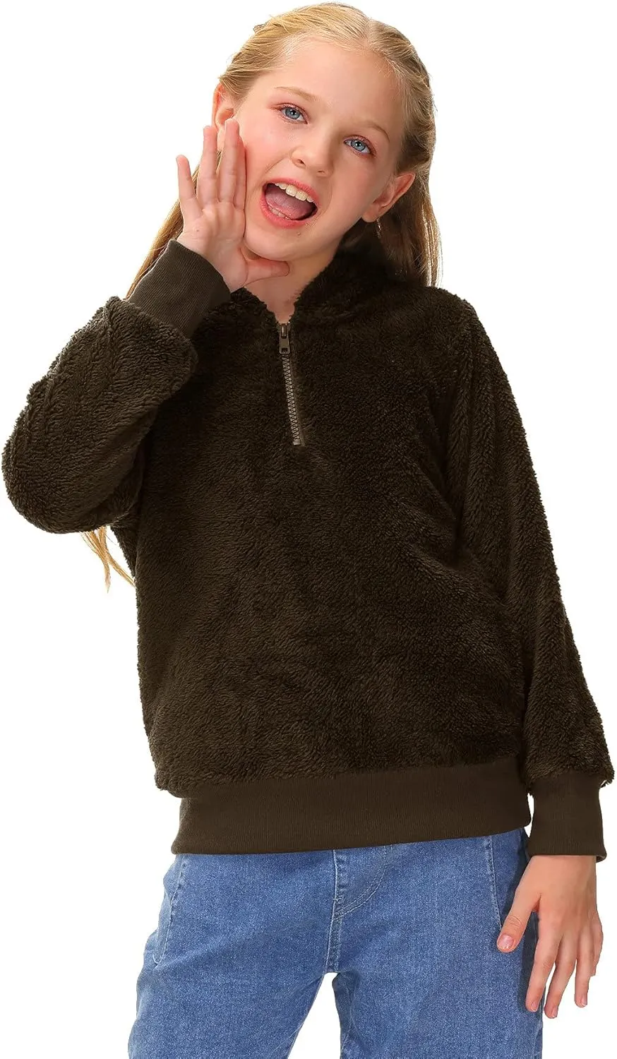 BesserBay Kid's Girls Fleece Hoodie 1/4 Zip Up Solid Fuzzy Sweatshirt with Pocket 4-12 Years