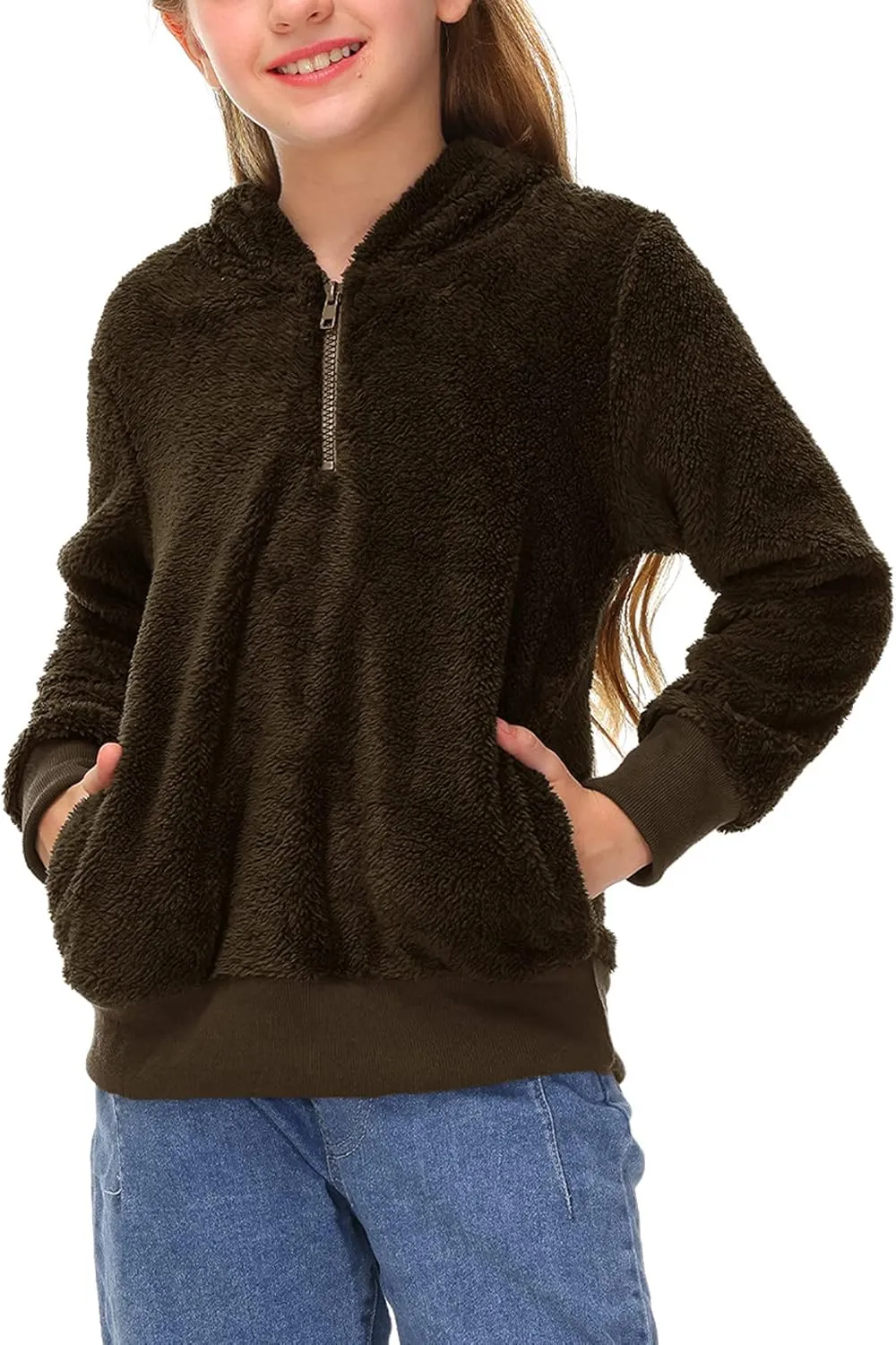 BesserBay Kid's Girls Fleece Hoodie 1/4 Zip Up Solid Fuzzy Sweatshirt with Pocket 4-12 Years
