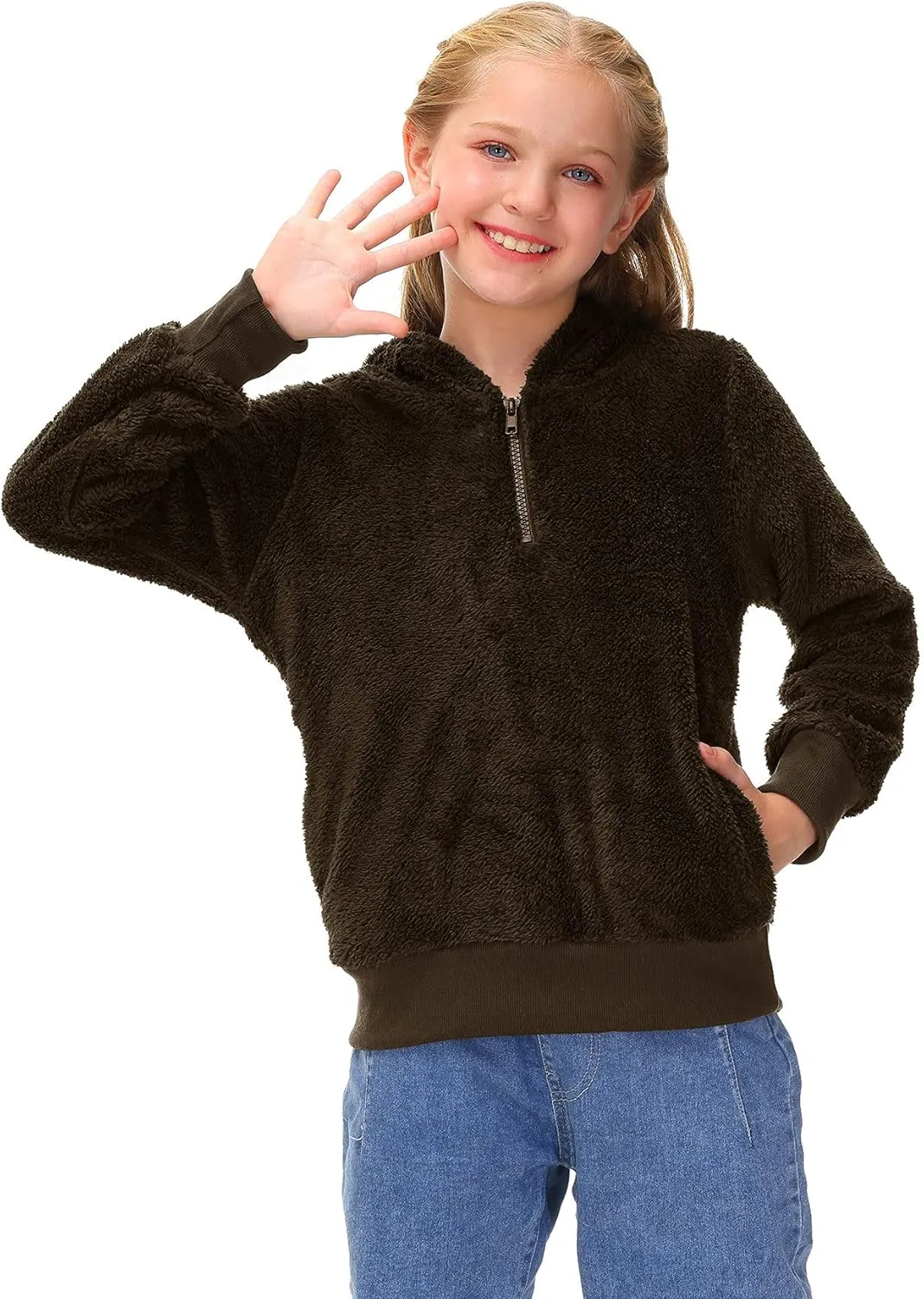BesserBay Kid's Girls Fleece Hoodie 1/4 Zip Up Solid Fuzzy Sweatshirt with Pocket 4-12 Years