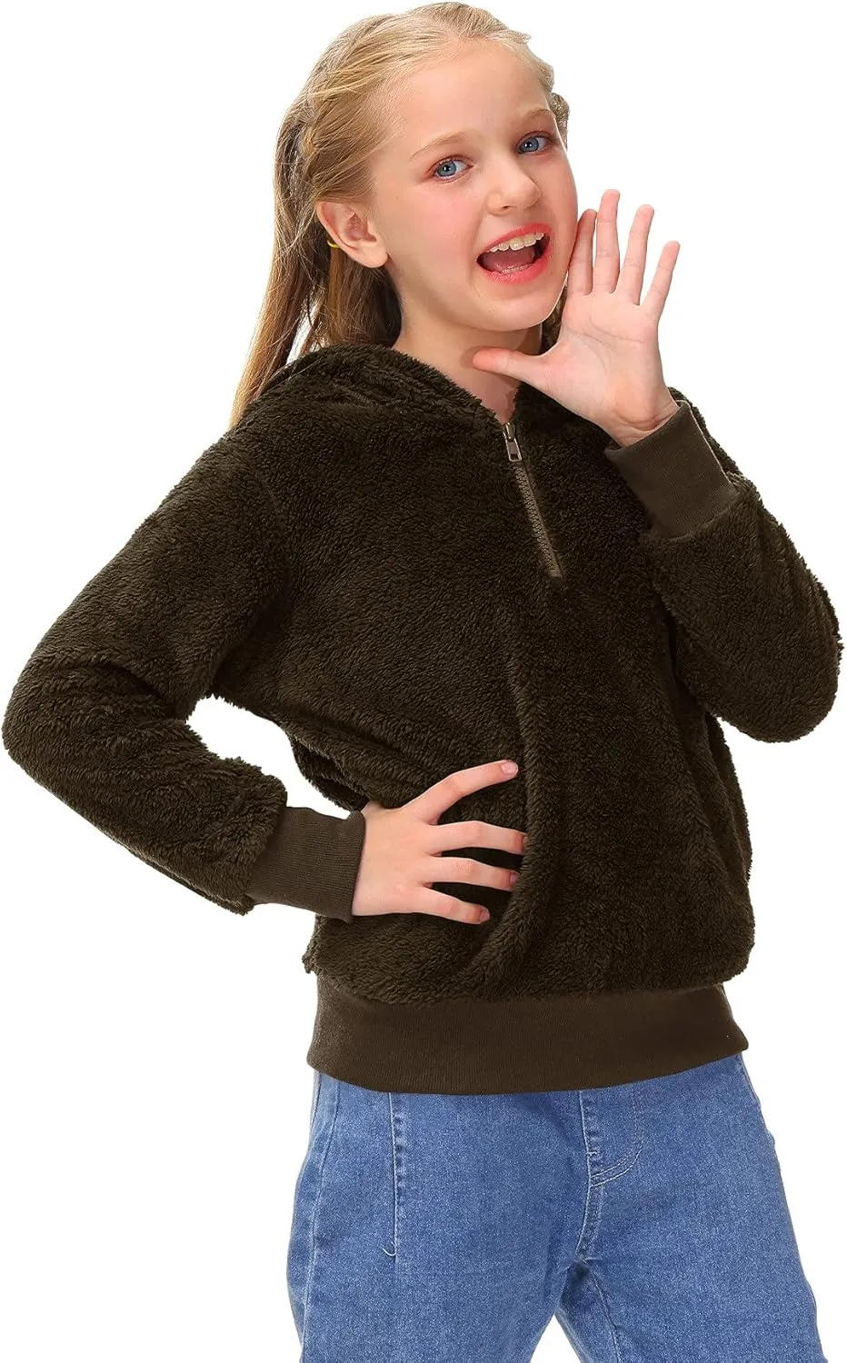 BesserBay Kid's Girls Fleece Hoodie 1/4 Zip Up Solid Fuzzy Sweatshirt with Pocket 4-12 Years