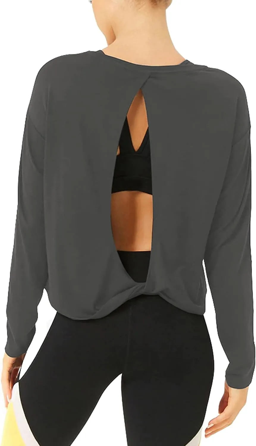 Bestisun Long Sleeve Workout Shirts Yoga Dance Tops Open Back Athletic Clothes for Women