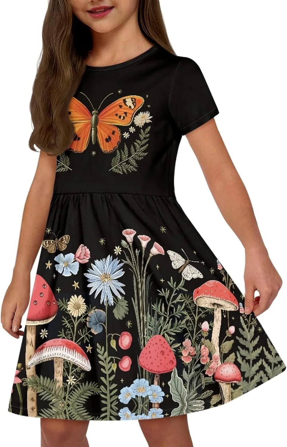Black Dress for Girls Cute Outfits Short Sleeve Dresses with Pocket Summer Dress Size 2-14 T Kids