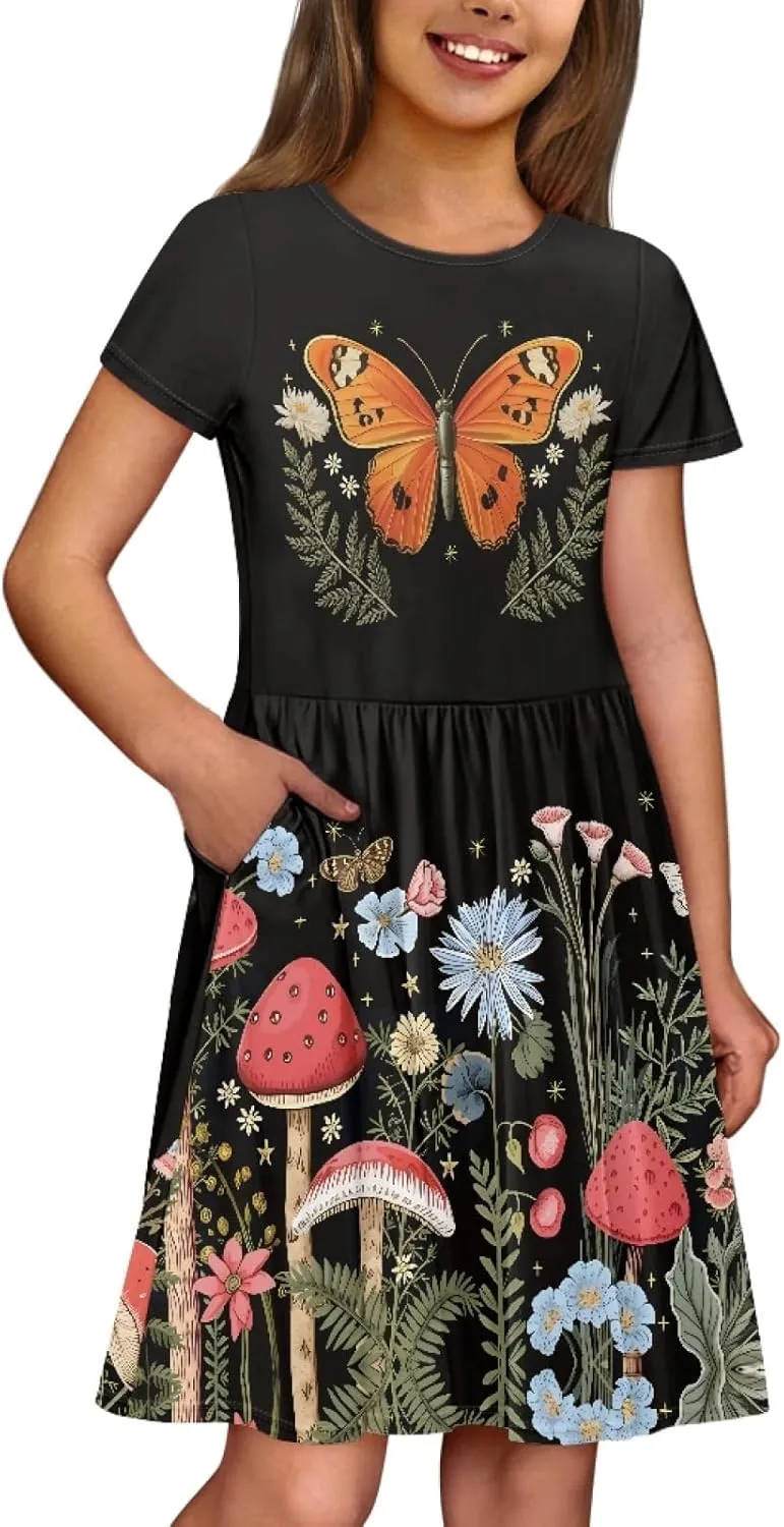 Black Dress for Girls Cute Outfits Short Sleeve Dresses with Pocket Summer Dress Size 2-14 T Kids