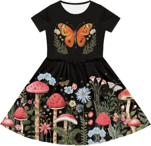 Black Dress for Girls Cute Outfits Short Sleeve Dresses with Pocket Summer Dress Size 2-14 T Kids