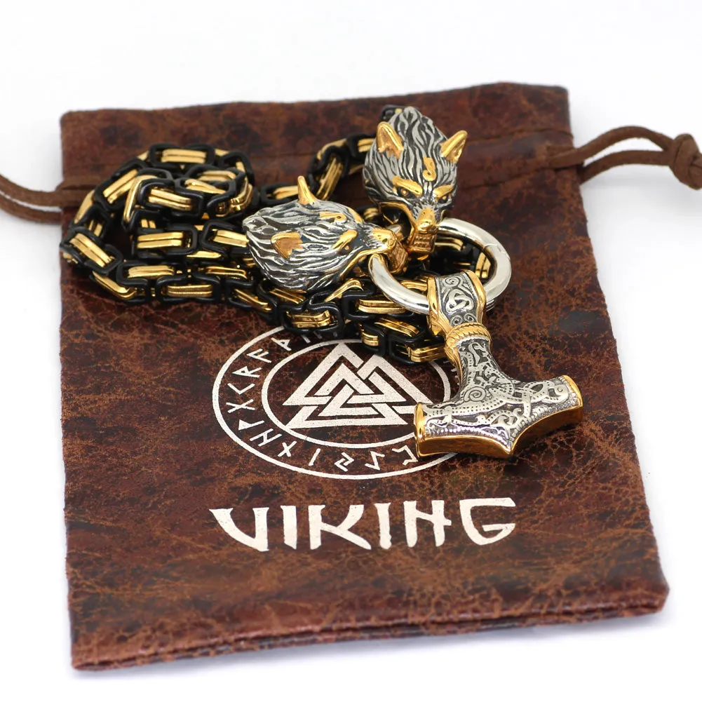 Black Gold Wolf Viking Amulet Thor Hammer Pendant Necklace