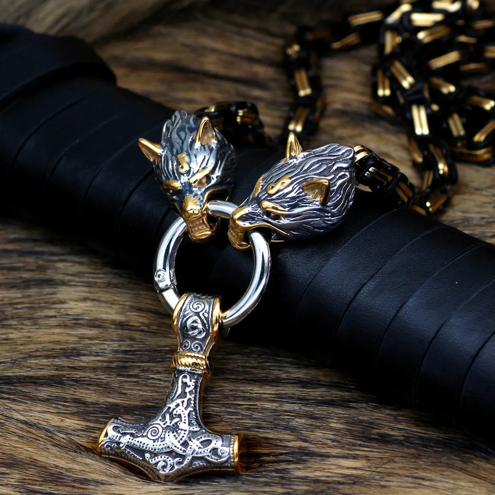 Black Gold Wolf Viking Amulet Thor Hammer Pendant Necklace