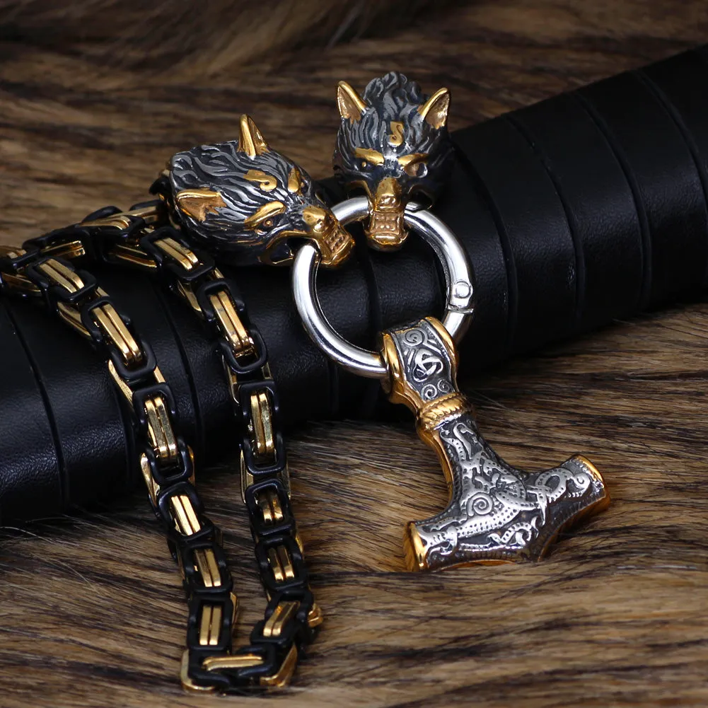 Black Gold Wolf Viking Amulet Thor Hammer Pendant Necklace