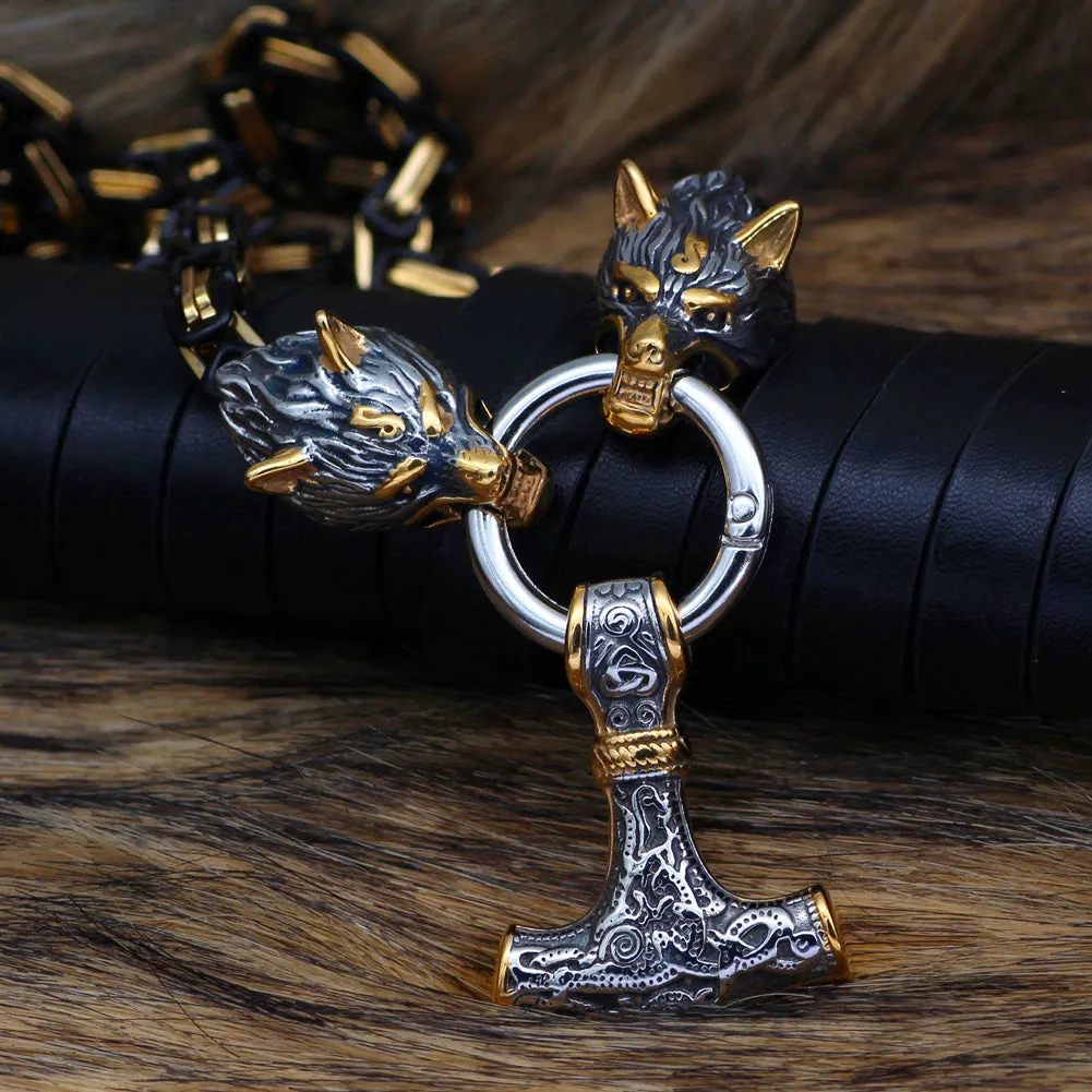 Black Gold Wolf Viking Amulet Thor Hammer Pendant Necklace