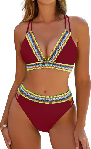 Blooming Jelly Womens High Waisted Bikini Sets Color Block Two Piece Swimsuit V Neck Crisscross Back Bathing Suit