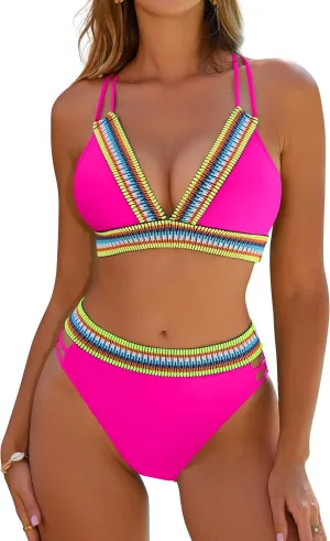 Blooming Jelly Womens High Waisted Bikini Sets Color Block Two Piece Swimsuit V Neck Crisscross Back Bathing Suit