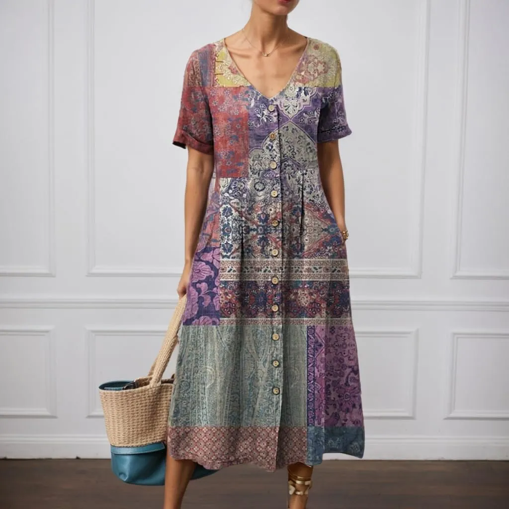 Boho Floral Midi Dress for Women Short Sleeve Button Down V Neck Summer Casual Flowy Vacation Beach Long Dress