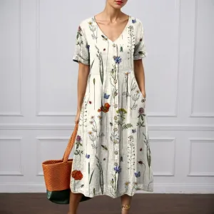 Boho Floral Midi Dress for Women Short Sleeve Button Down V Neck Summer Casual Flowy Vacation Beach Long Dress