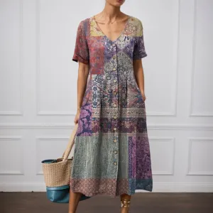 Boho Floral Midi Dress for Women Short Sleeve Button Down V Neck Summer Casual Flowy Vacation Beach Long Dress