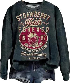 BOMYTAO Vintage Rock Band Sweatshirts for Women Fashion Country Music Pullover Beatle Strawberry Fields 1967 Long Sleeve Top