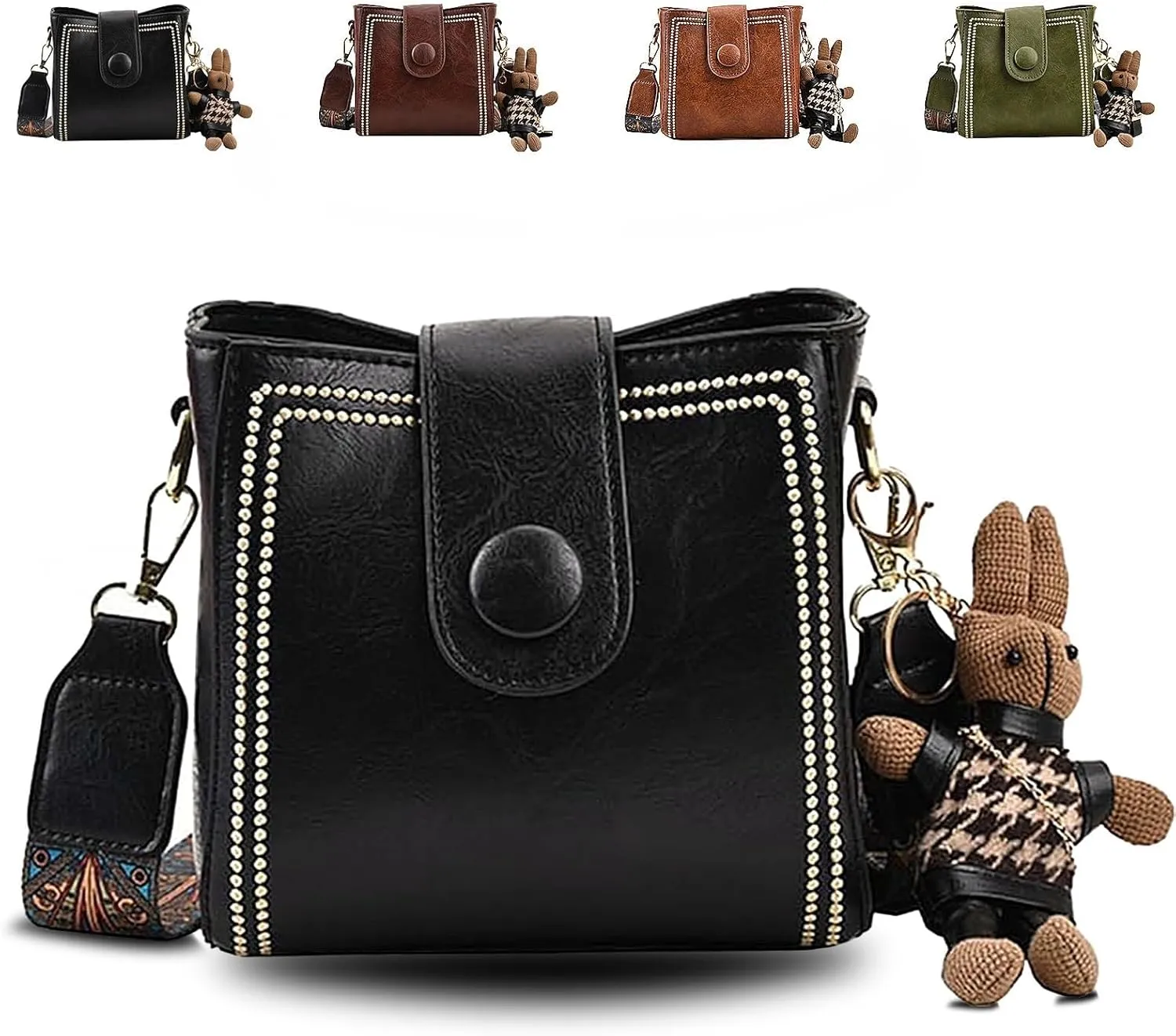 Bootara Bucket Bag, Vintage Crossbody Bag, Adjustable Wide Shoulder Strap, With Cute Rabbit Pendant, Shoulder/Crossbody