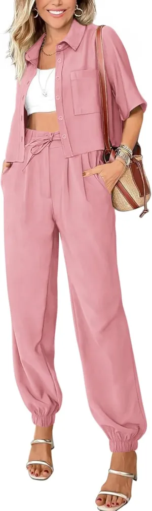 BTFBM Women's 2025 Summer 2 Piece Outfits Tracksuit Short Sleeve Cropped Button Down Shirt Long Pant Lounge Matching Set