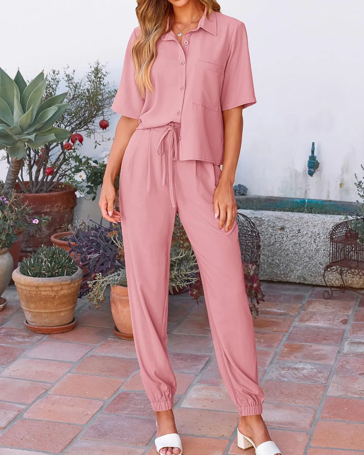 BTFBM Women's 2025 Summer 2 Piece Outfits Tracksuit Short Sleeve Cropped Button Down Shirt Long Pant Lounge Matching Set