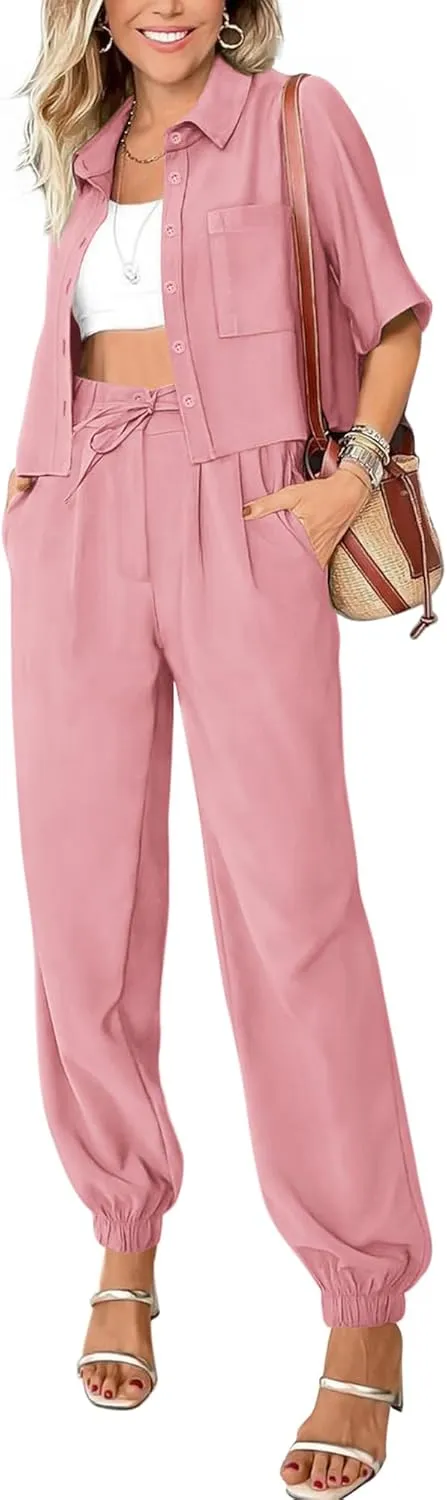 BTFBM Women's 2025 Summer 2 Piece Outfits Tracksuit Short Sleeve Cropped Button Down Shirt Long Pant Lounge Matching Set