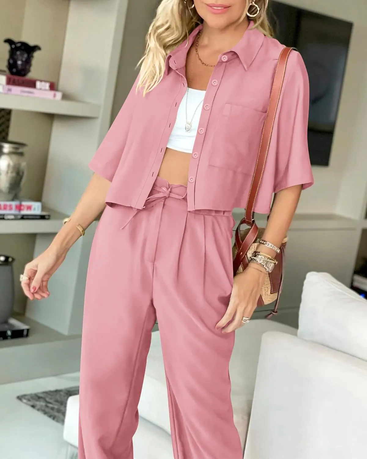 BTFBM Women's 2025 Summer 2 Piece Outfits Tracksuit Short Sleeve Cropped Button Down Shirt Long Pant Lounge Matching Set