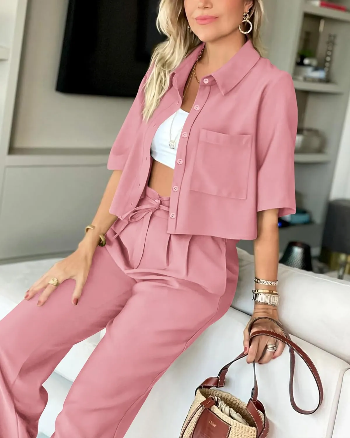 BTFBM Women's 2025 Summer 2 Piece Outfits Tracksuit Short Sleeve Cropped Button Down Shirt Long Pant Lounge Matching Set