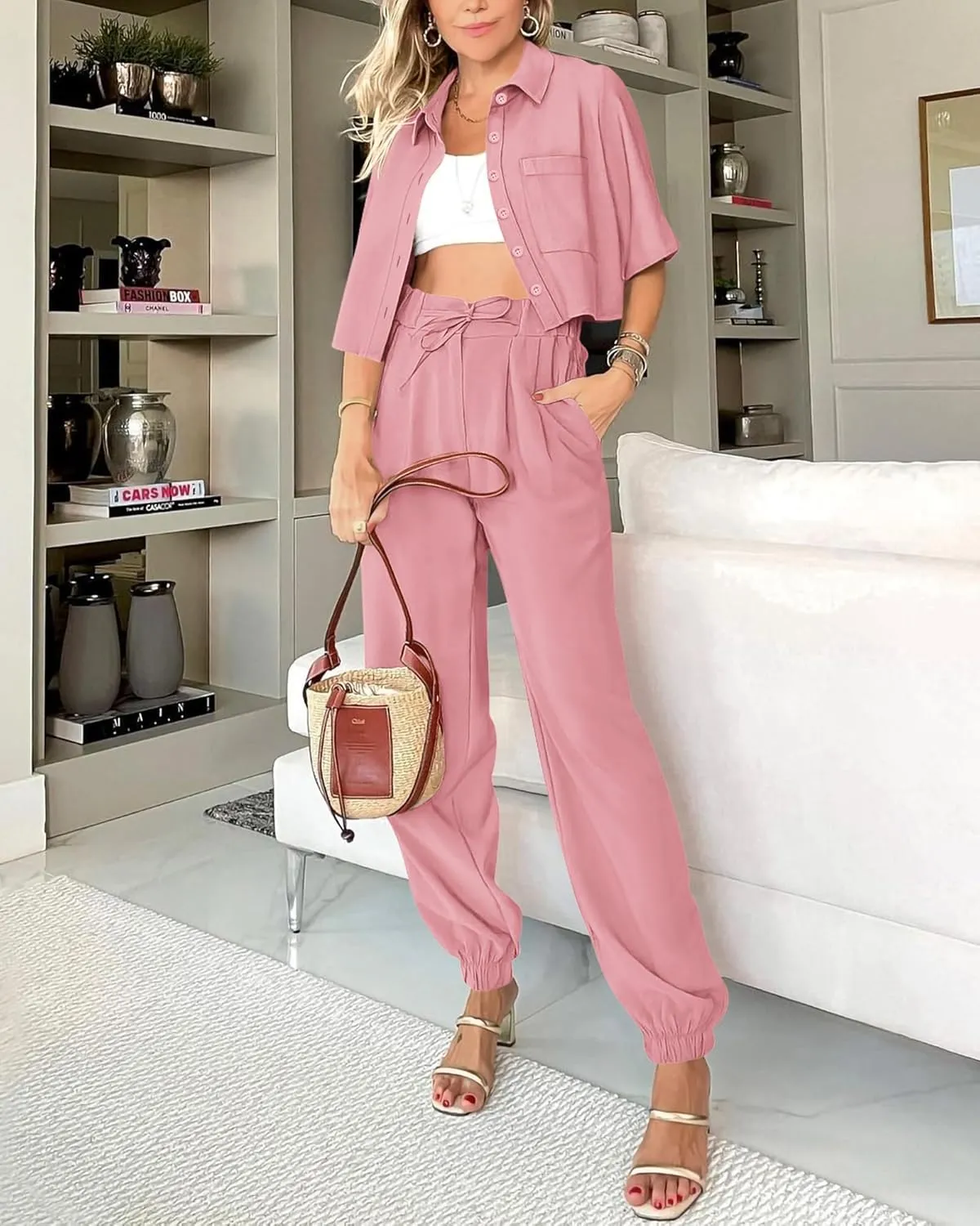 BTFBM Women's 2025 Summer 2 Piece Outfits Tracksuit Short Sleeve Cropped Button Down Shirt Long Pant Lounge Matching Set