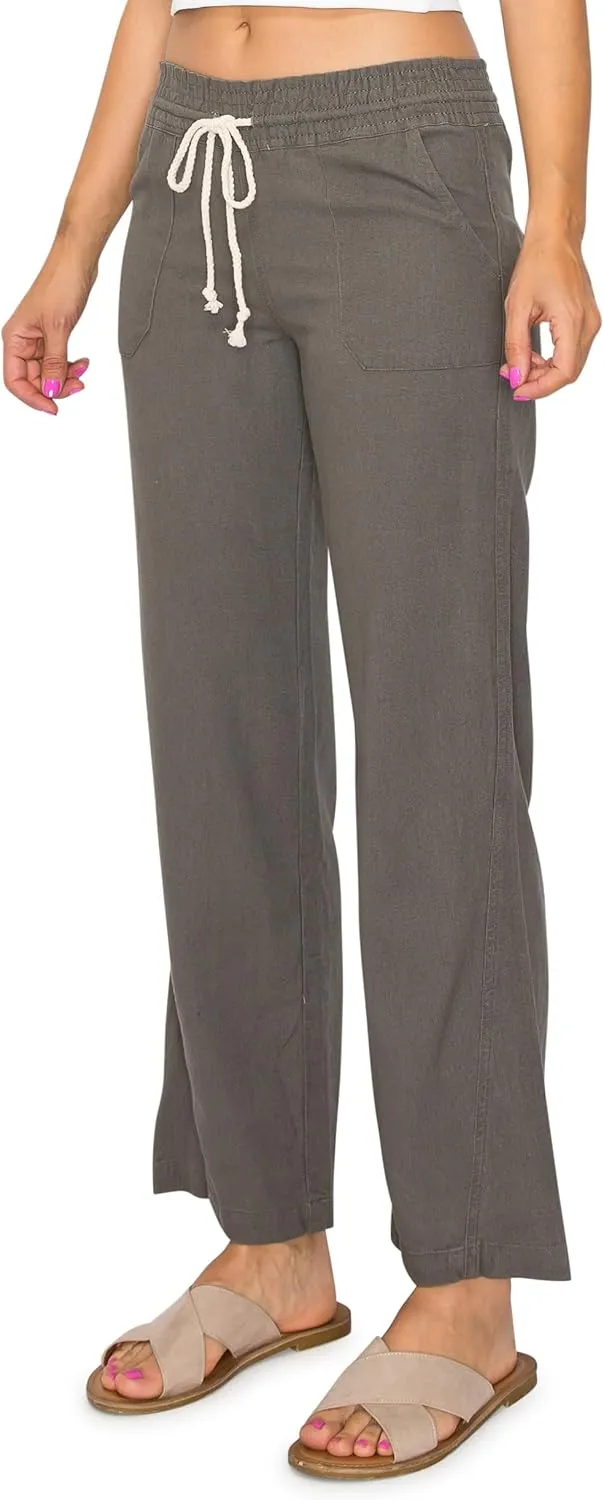 Cali1850 Women's Casual Linen Pants - 29", 32" Oceanside Drawstring Smocked Waist Beach Lounge Trousers with Pockets