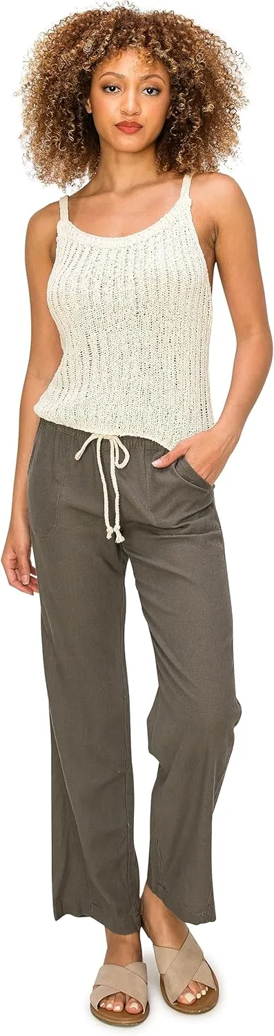 Cali1850 Women's Casual Linen Pants - 29", 32" Oceanside Drawstring Smocked Waist Beach Lounge Trousers with Pockets